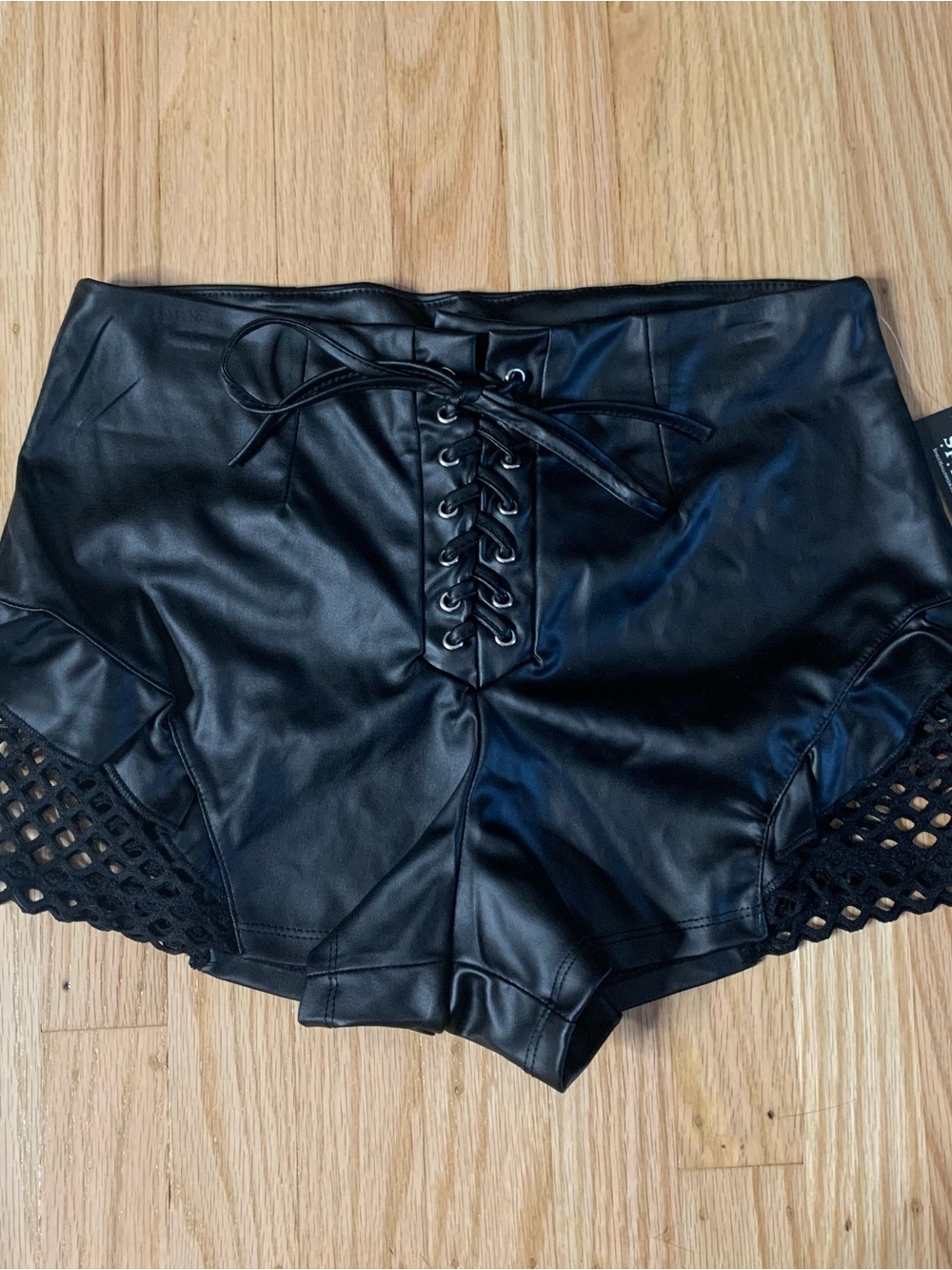 High-Waist Faux Leather Lace-Up Shorts with Crocheted Sides